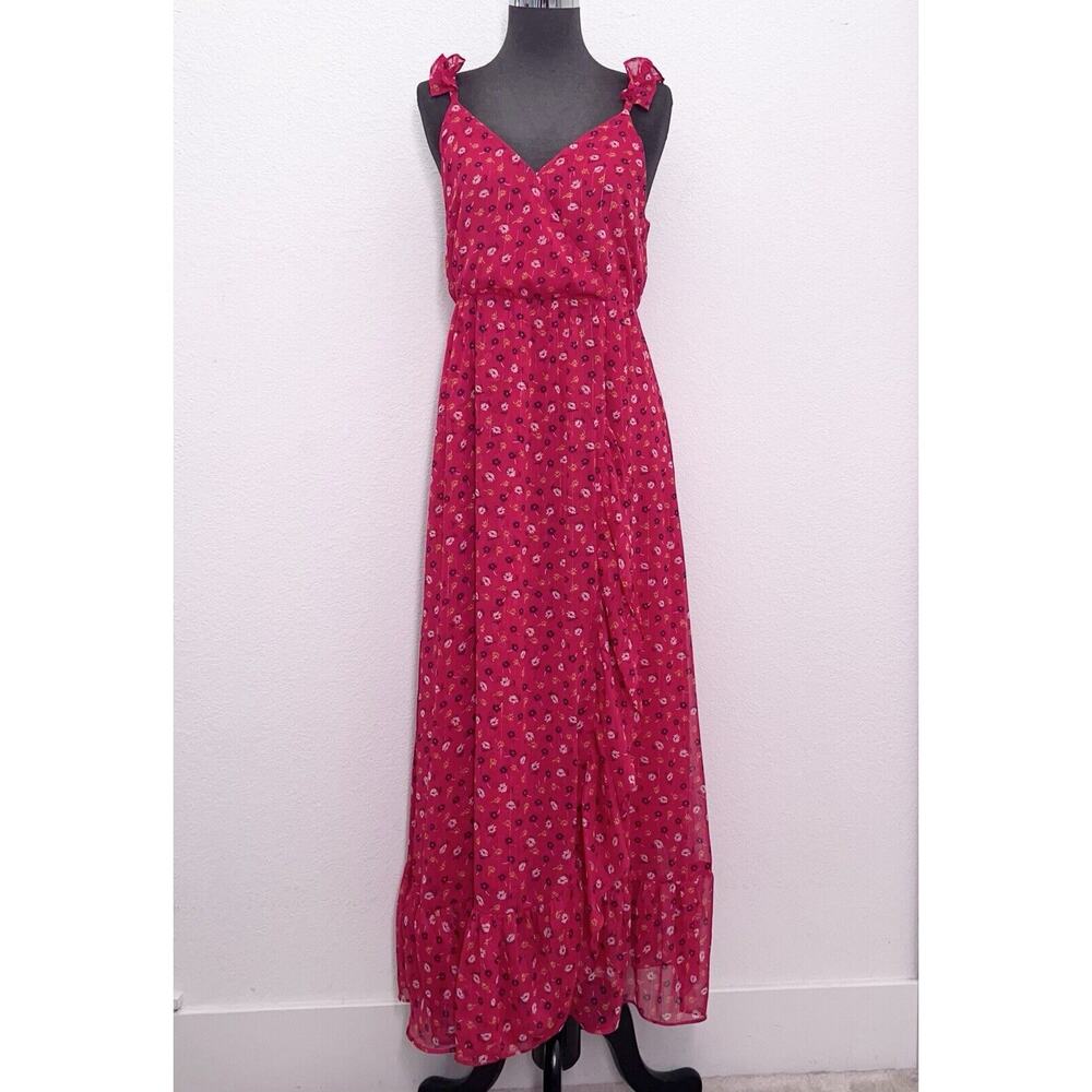 Madewell Midi Dress Women 4 Red Floral Faux Wrap Ruffle Strap Fit and Flare